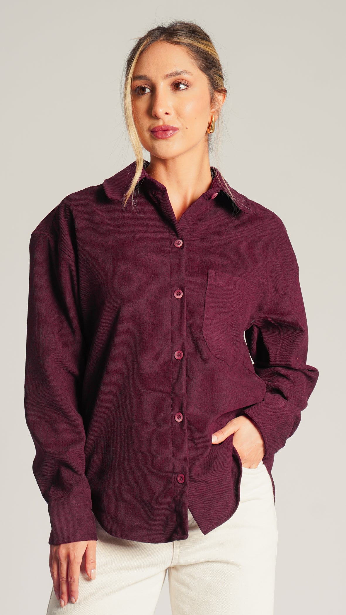 Camisa Cotelê Manga Longa - Bordô
