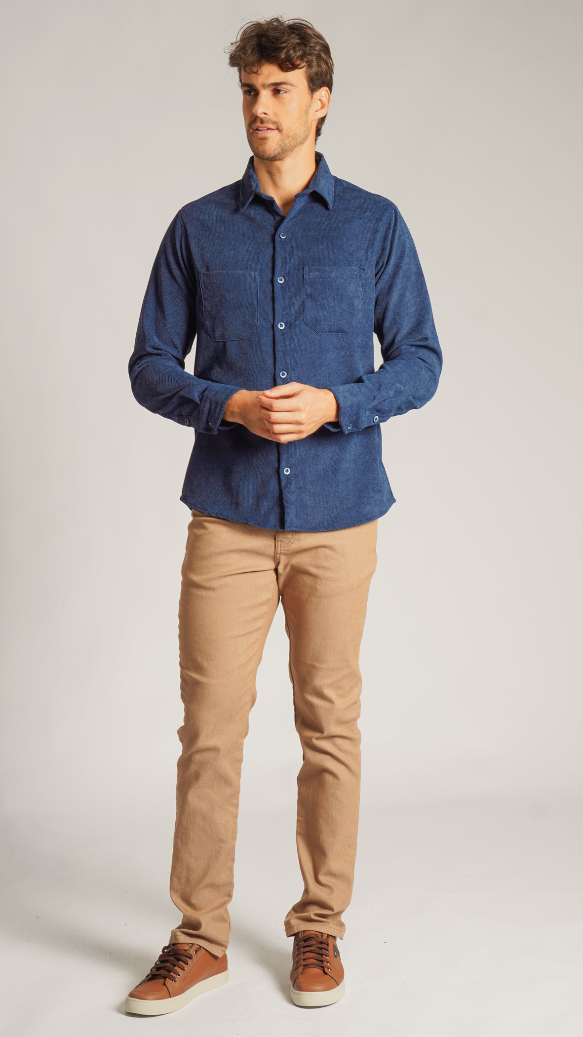 Camisa Cotelê Manga Longa - Azul