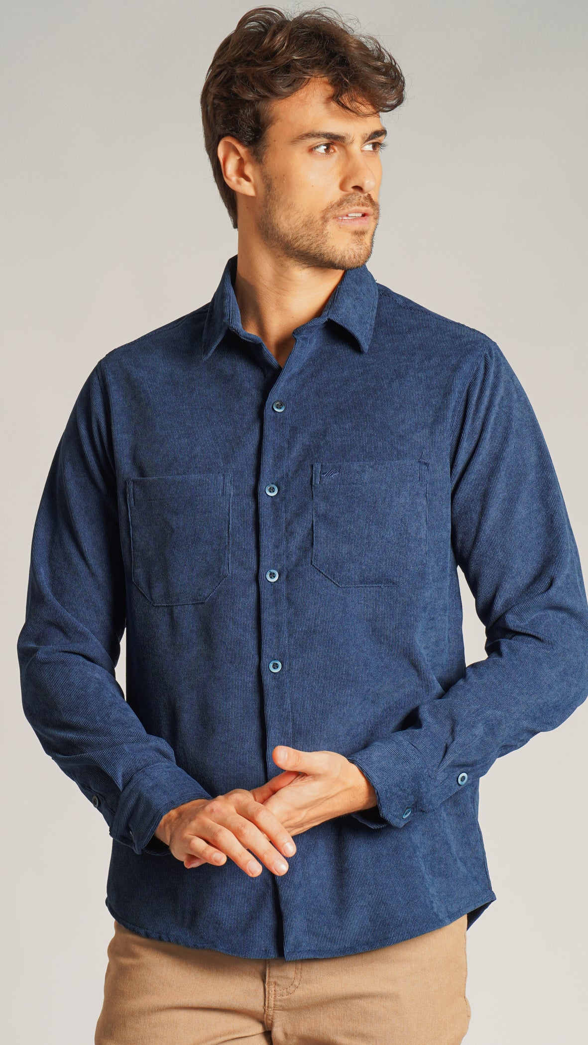 Camisa Cotelê Manga Longa - Azul