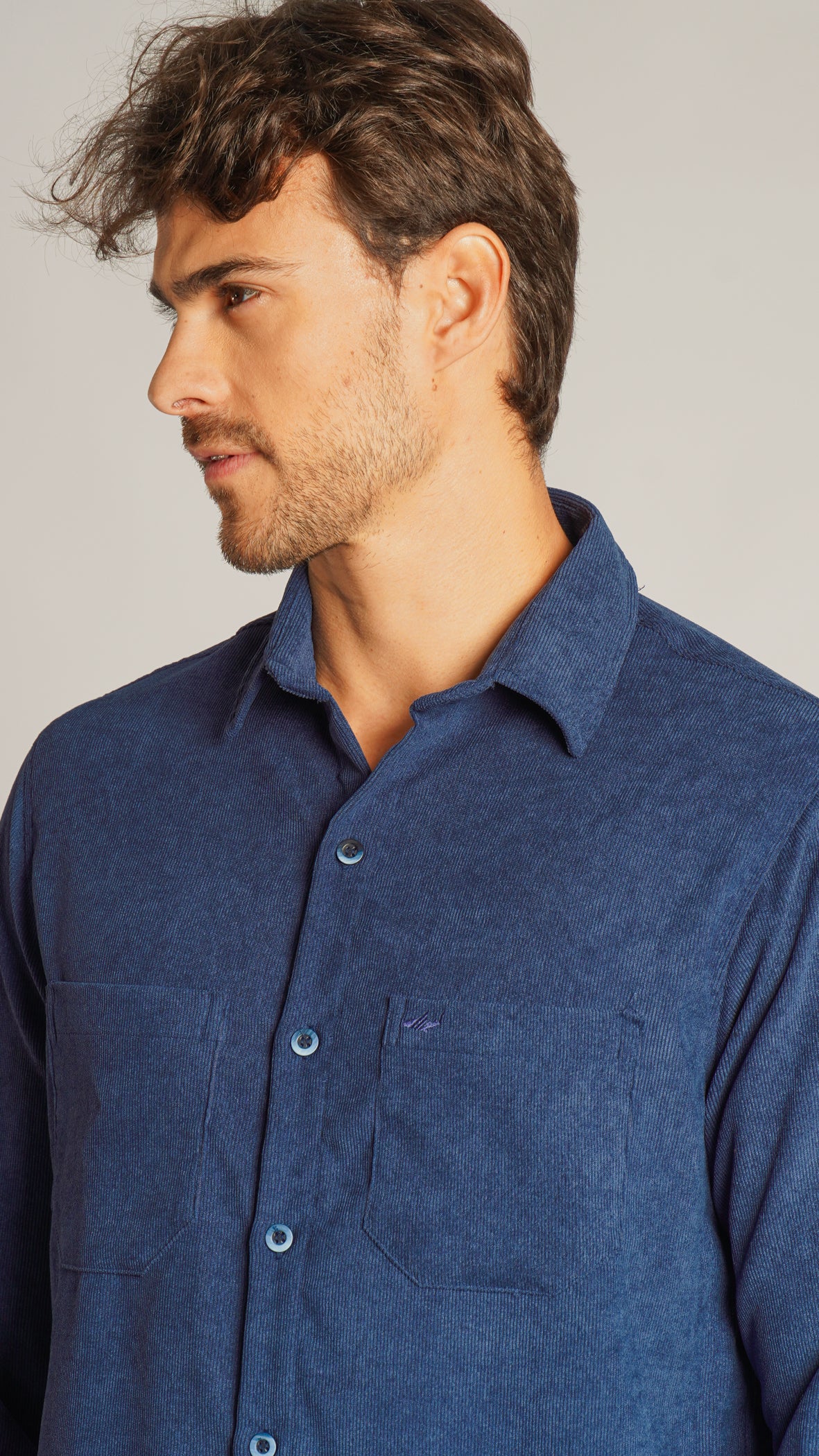 Camisa Cotelê Manga Longa - Azul