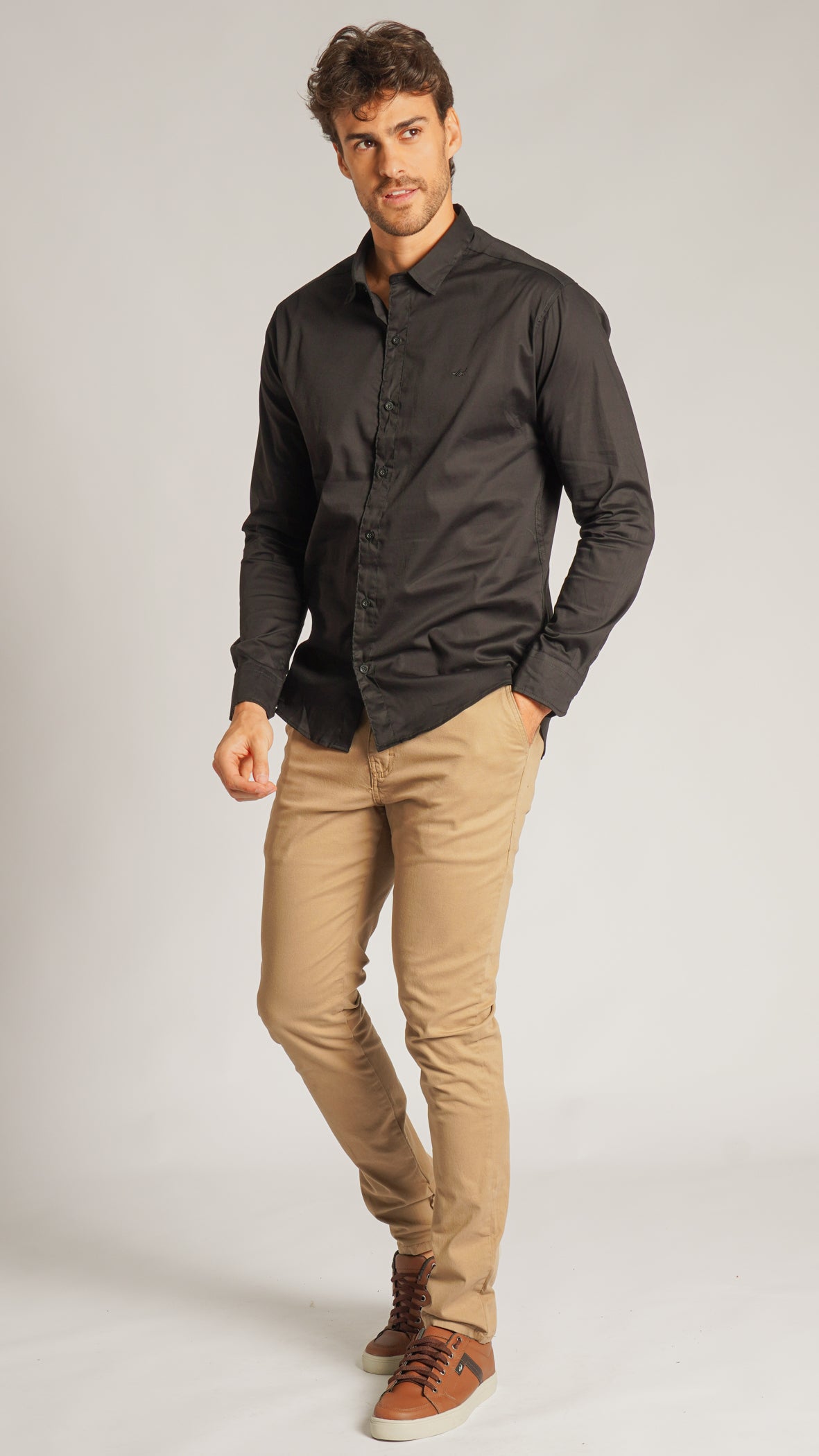 Camisa Tricoline Manga Longa - Preta