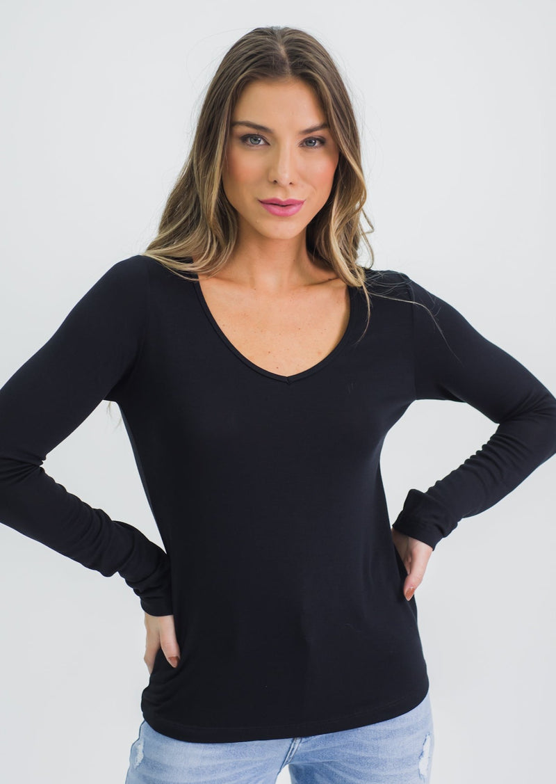 Blusa Tricô Manga Longa V - Preta