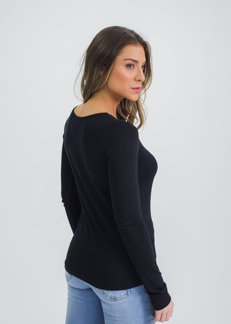 Blusa Tricô Manga Longa V - Preta