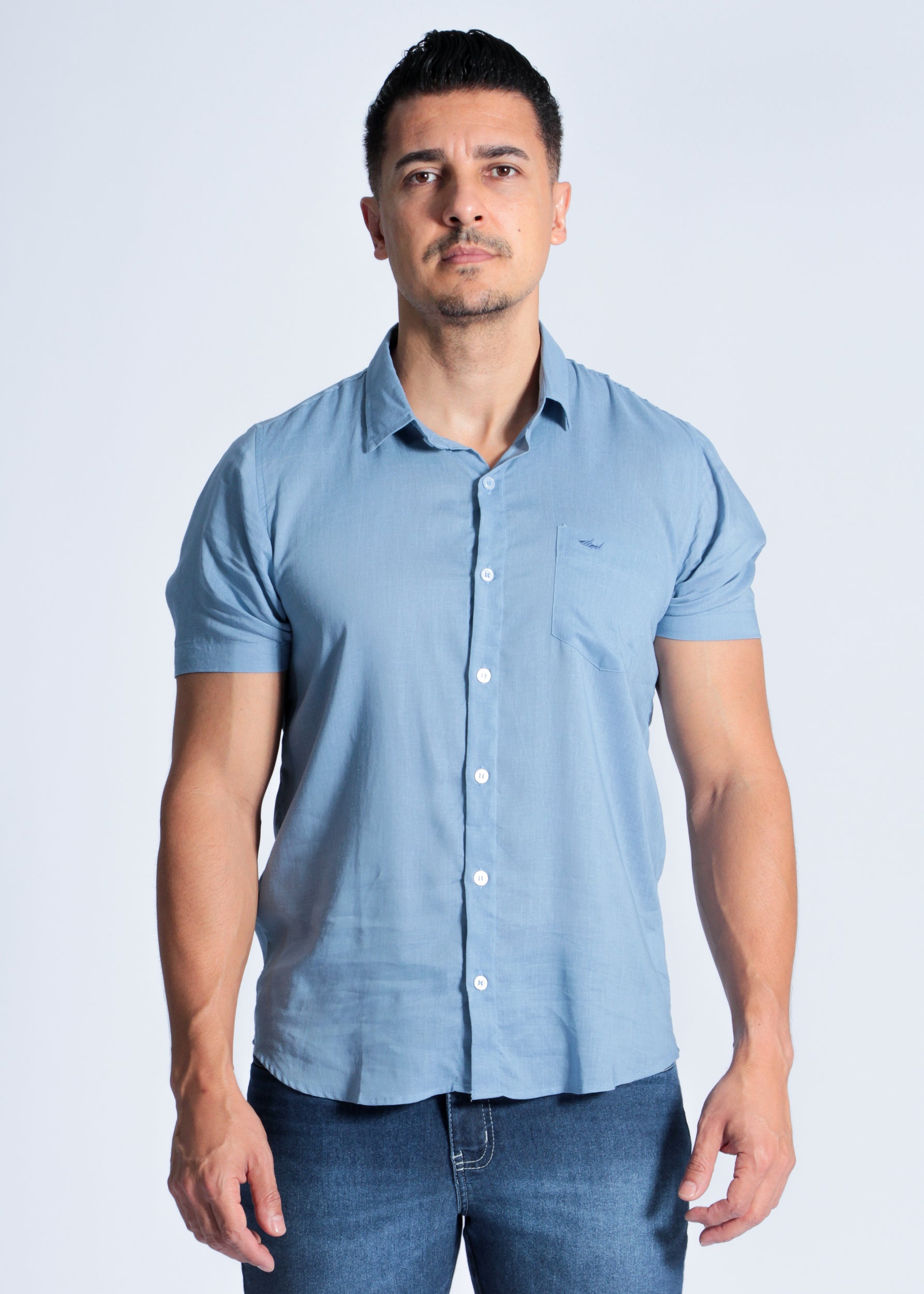 Camisa Manga Curta Linho - Azul