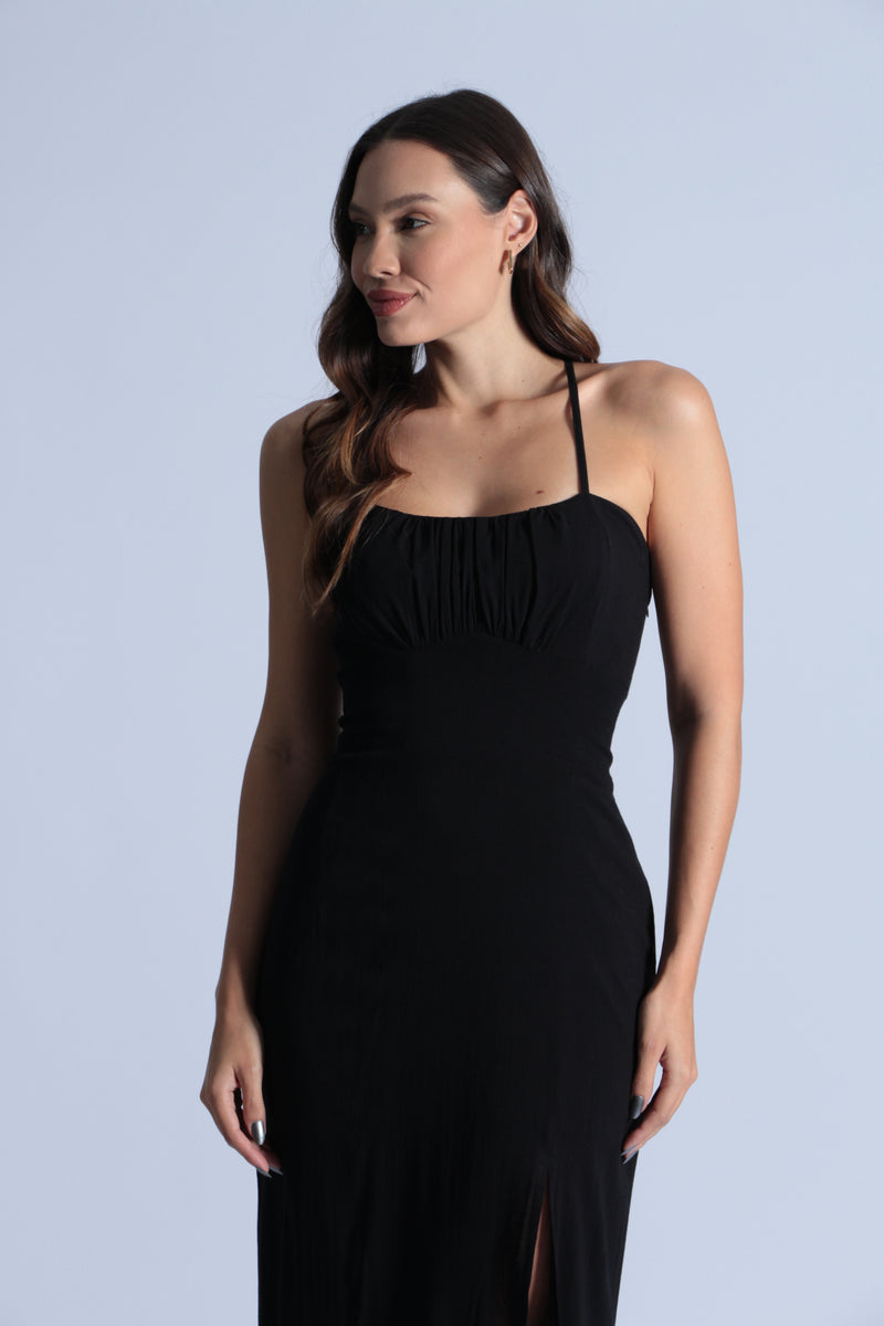 Vestido Midi Fenda - Preto