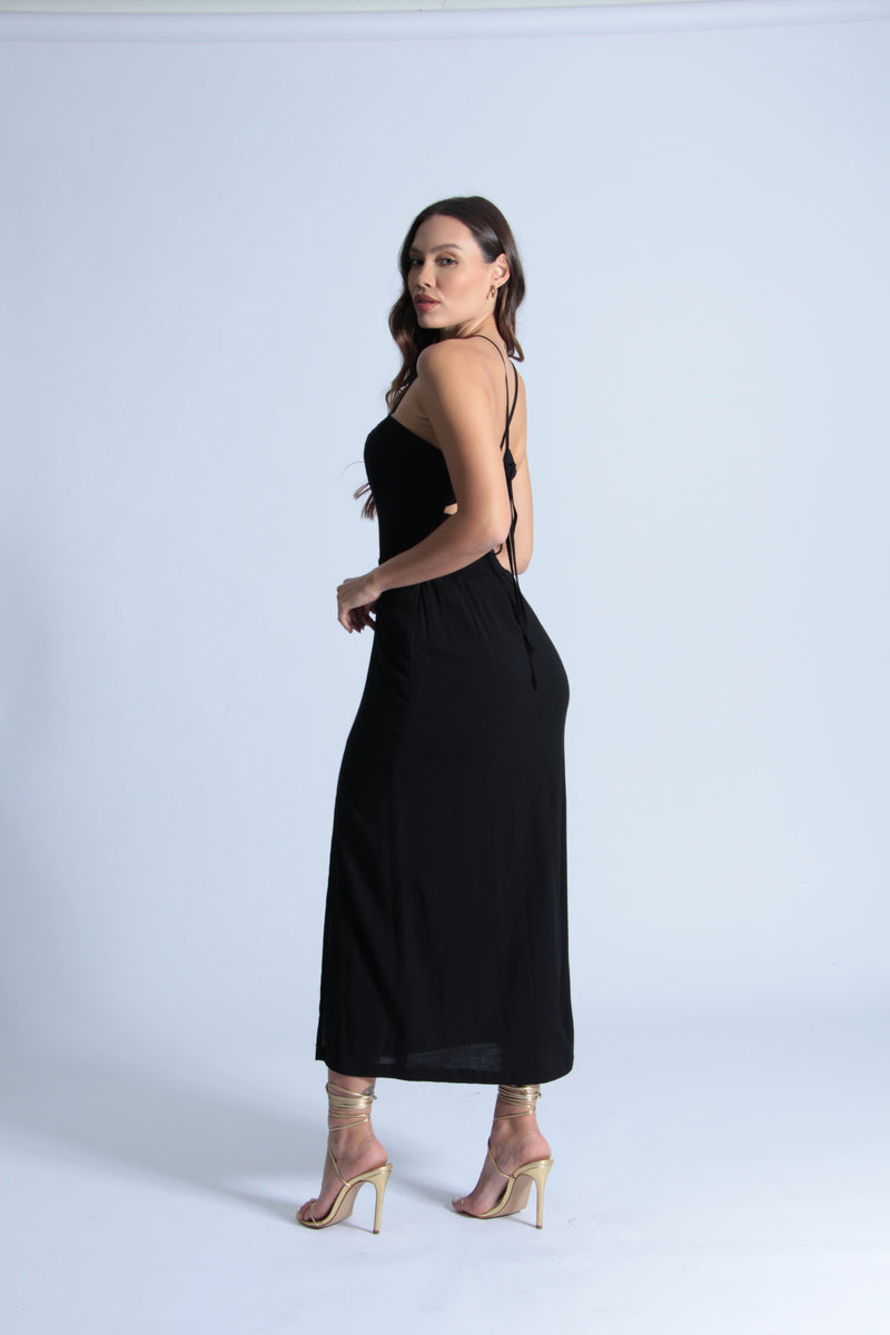 Vestido Midi Fenda - Preto