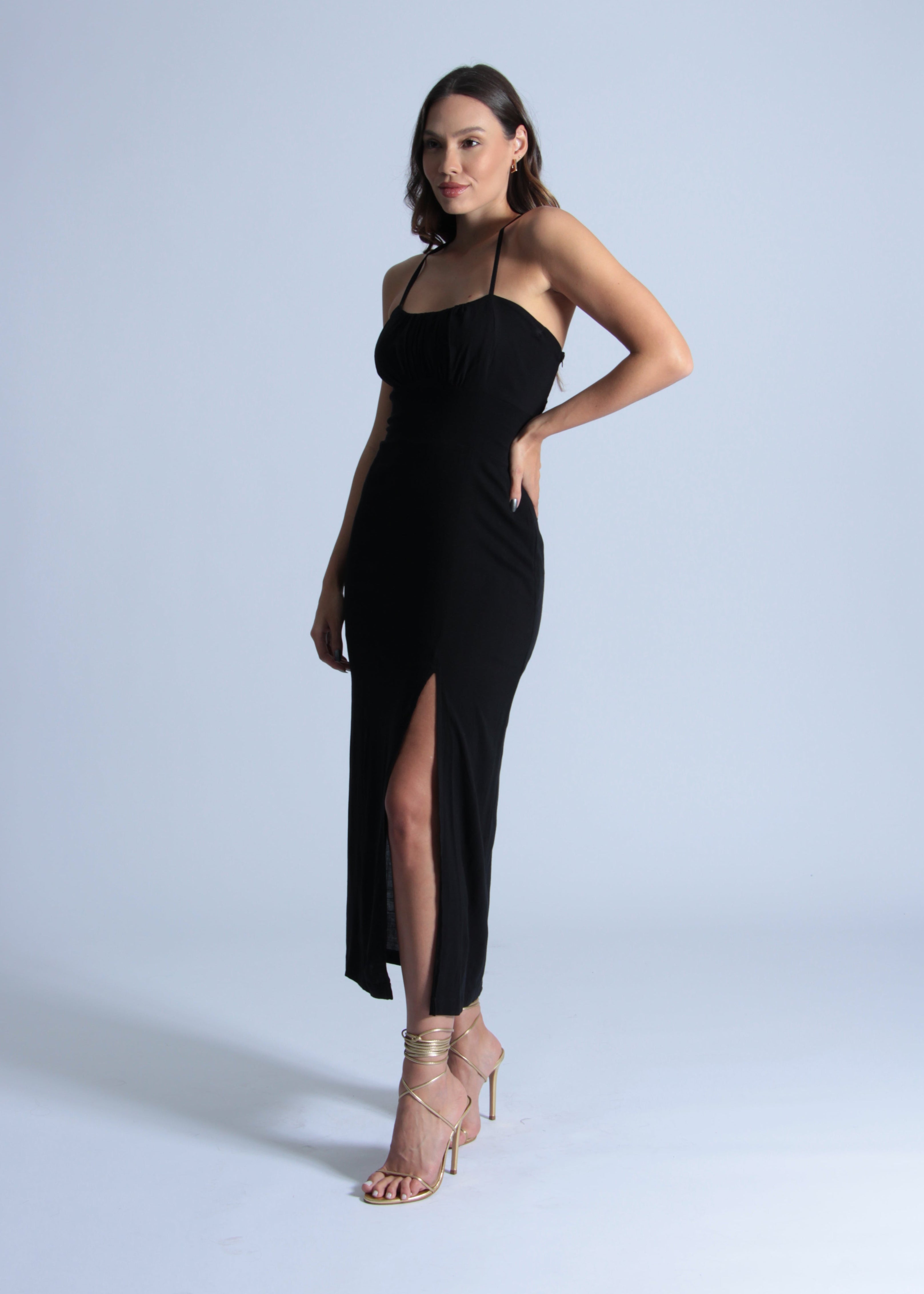 Vestido Midi Fenda - Preto