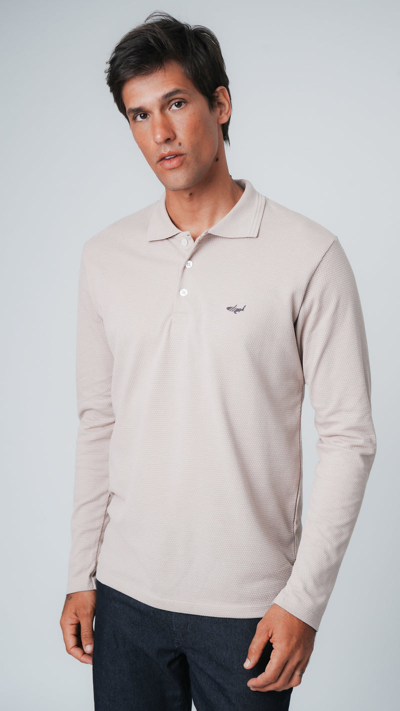 Camisa Polo Colmeia Manga Longa - Bege