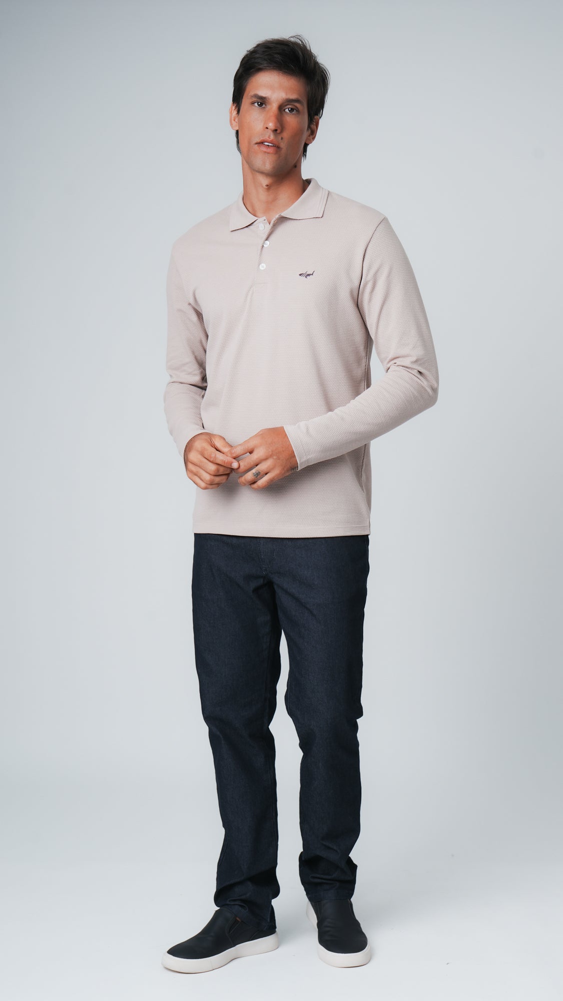 Camisa Polo Colmeia Manga Longa - Bege
