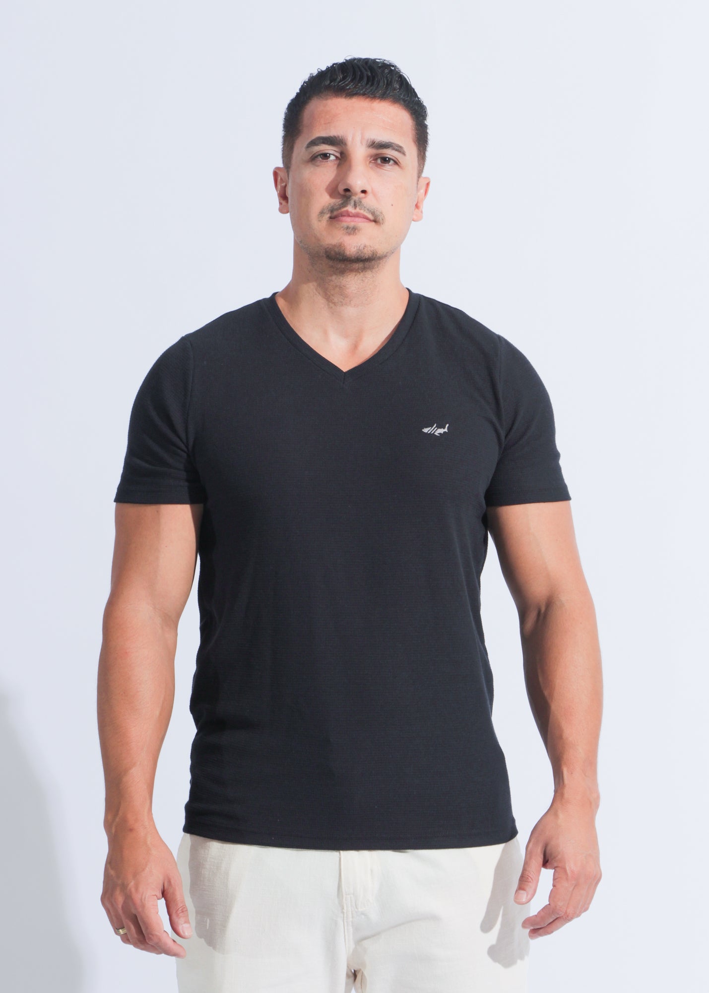 Camiseta Tricô Gola V - Preta