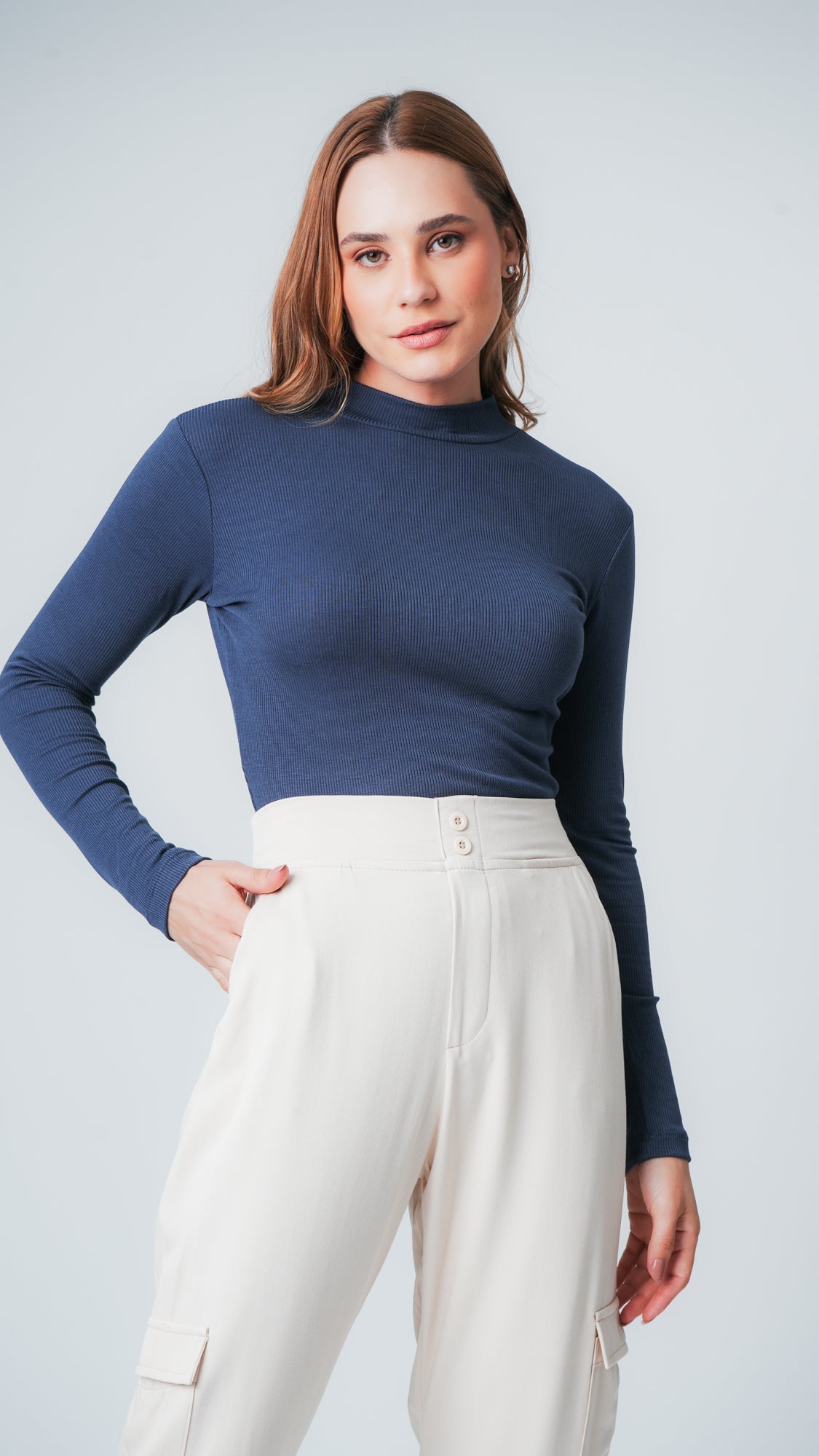 Cropped Canelado Gola Alta - Azul Marinho