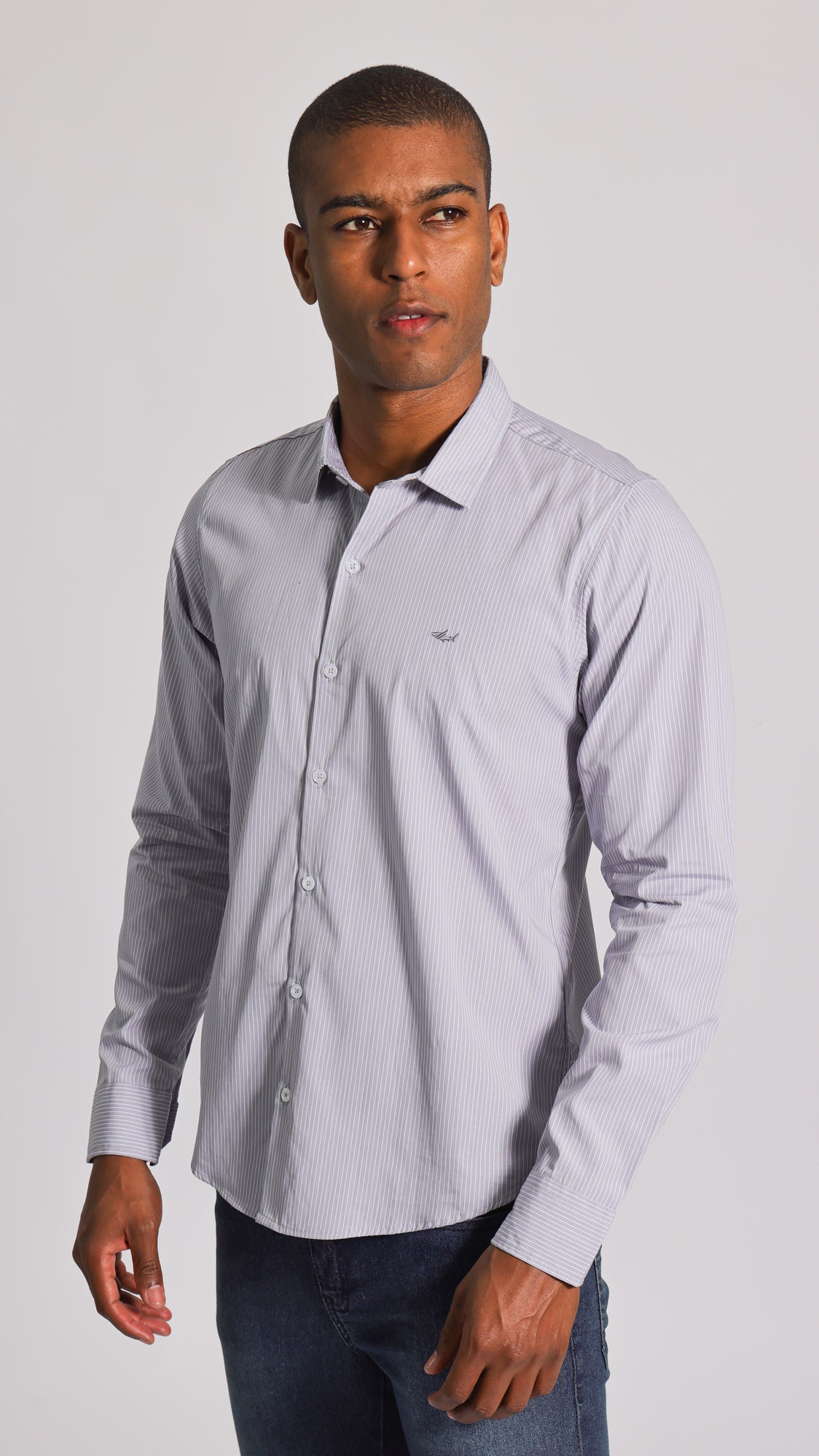 Camisa Listras Manga Longa - Cinza