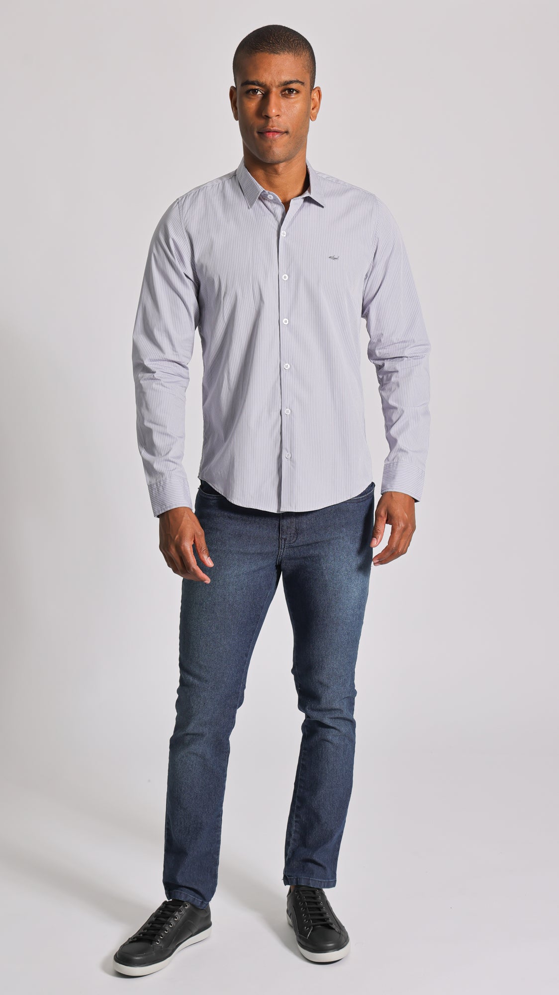 Camisa Listras Manga Longa - Cinza