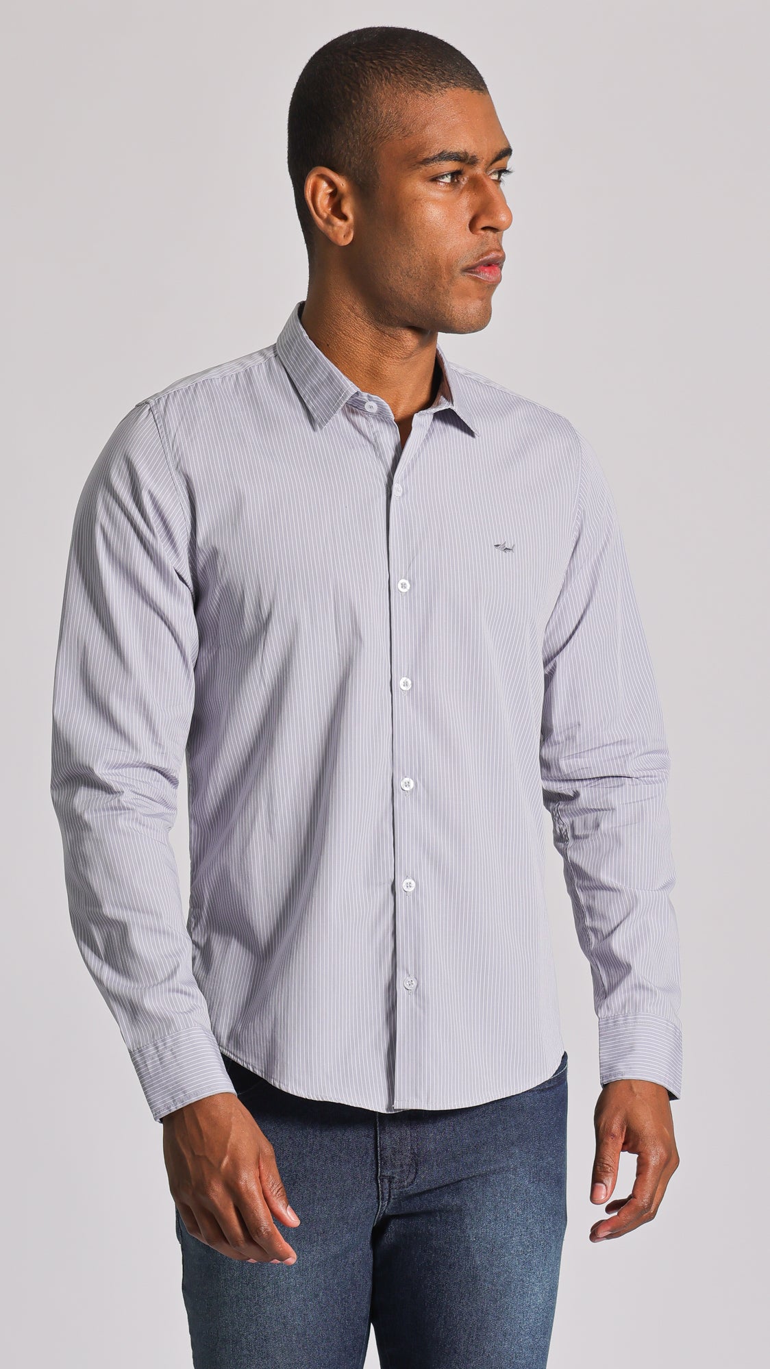 Camisa Listras Manga Longa - Cinza