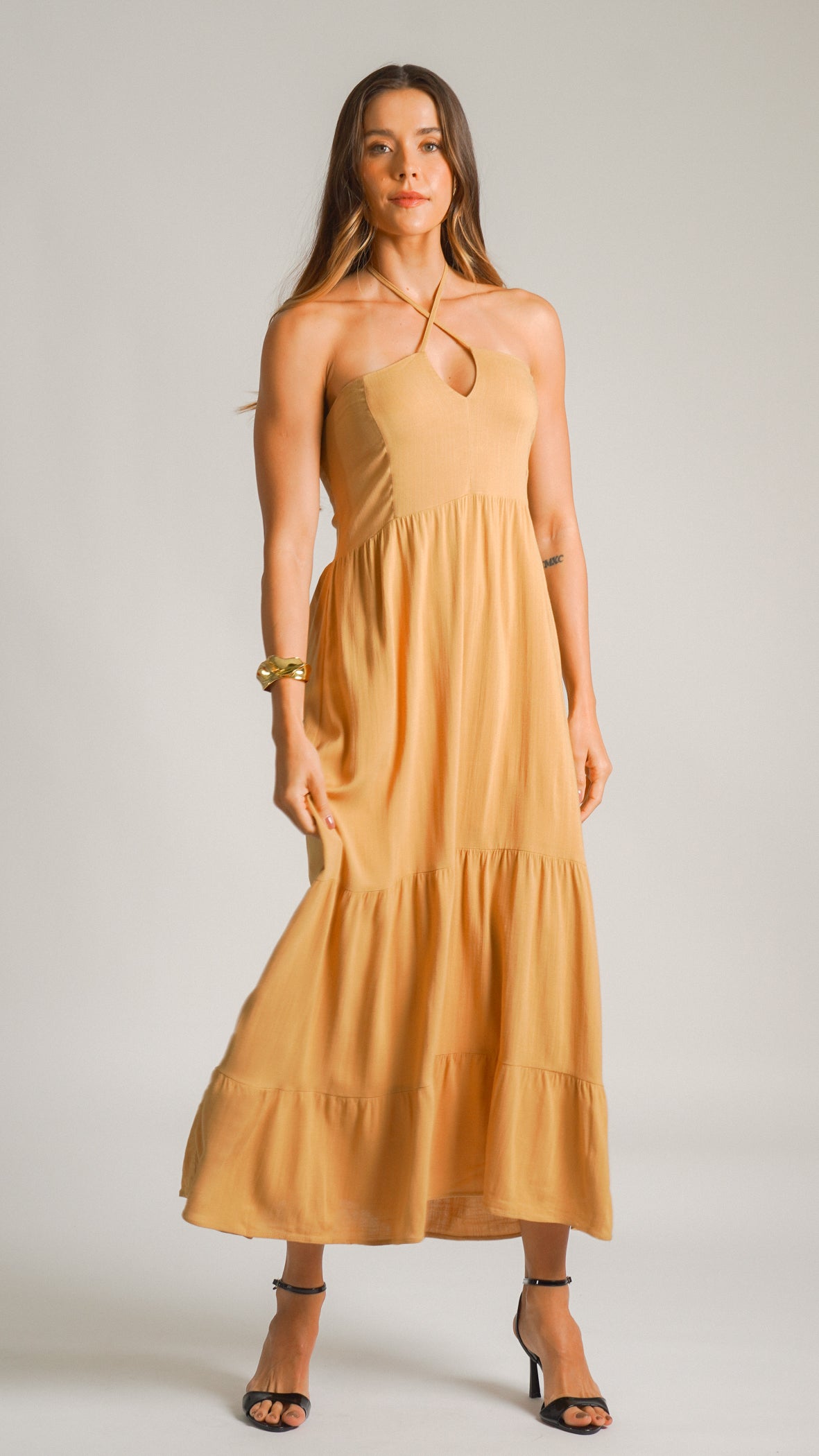 Vestido Longo Decote V - Ocre