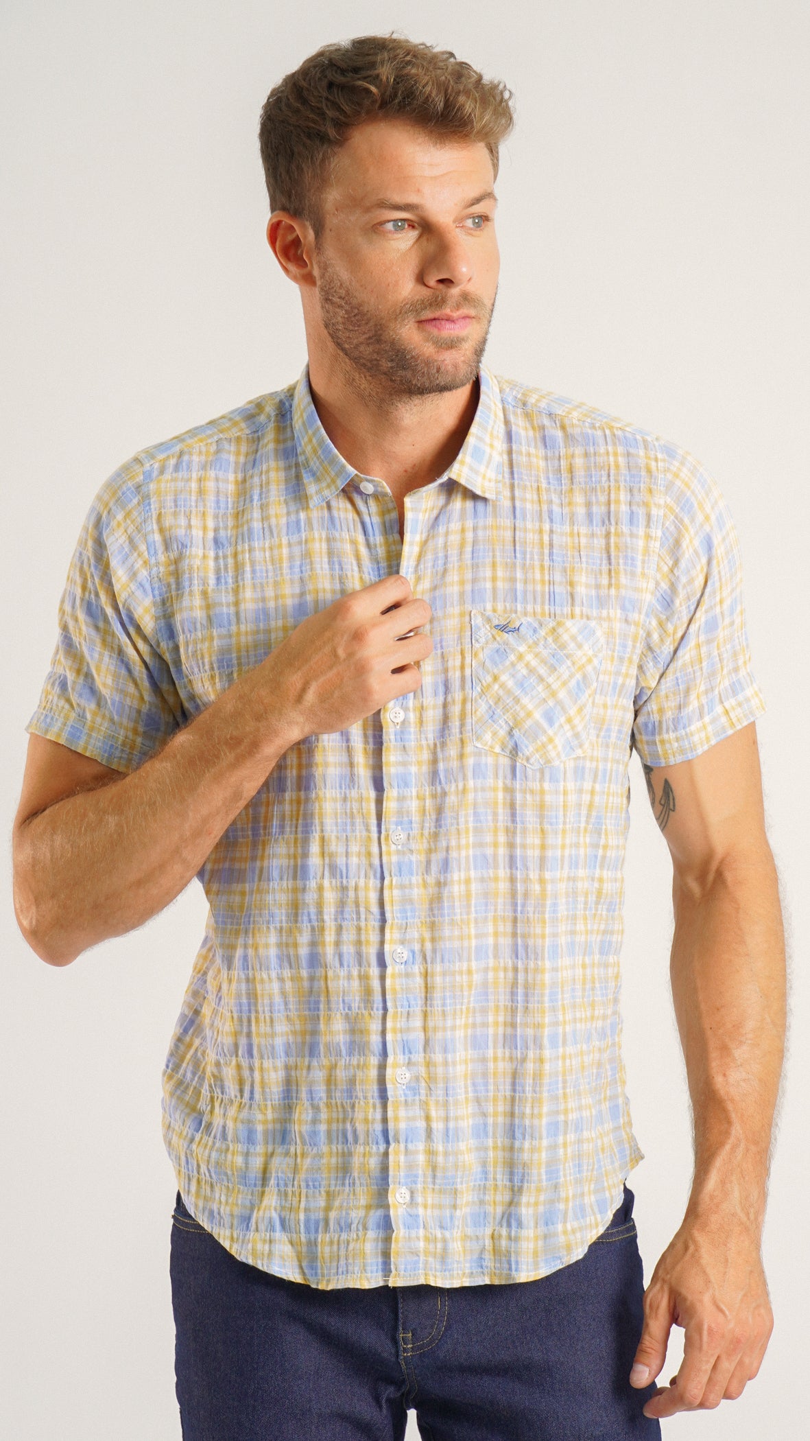 Camisa Xadrez Manga Curta - Amarelo