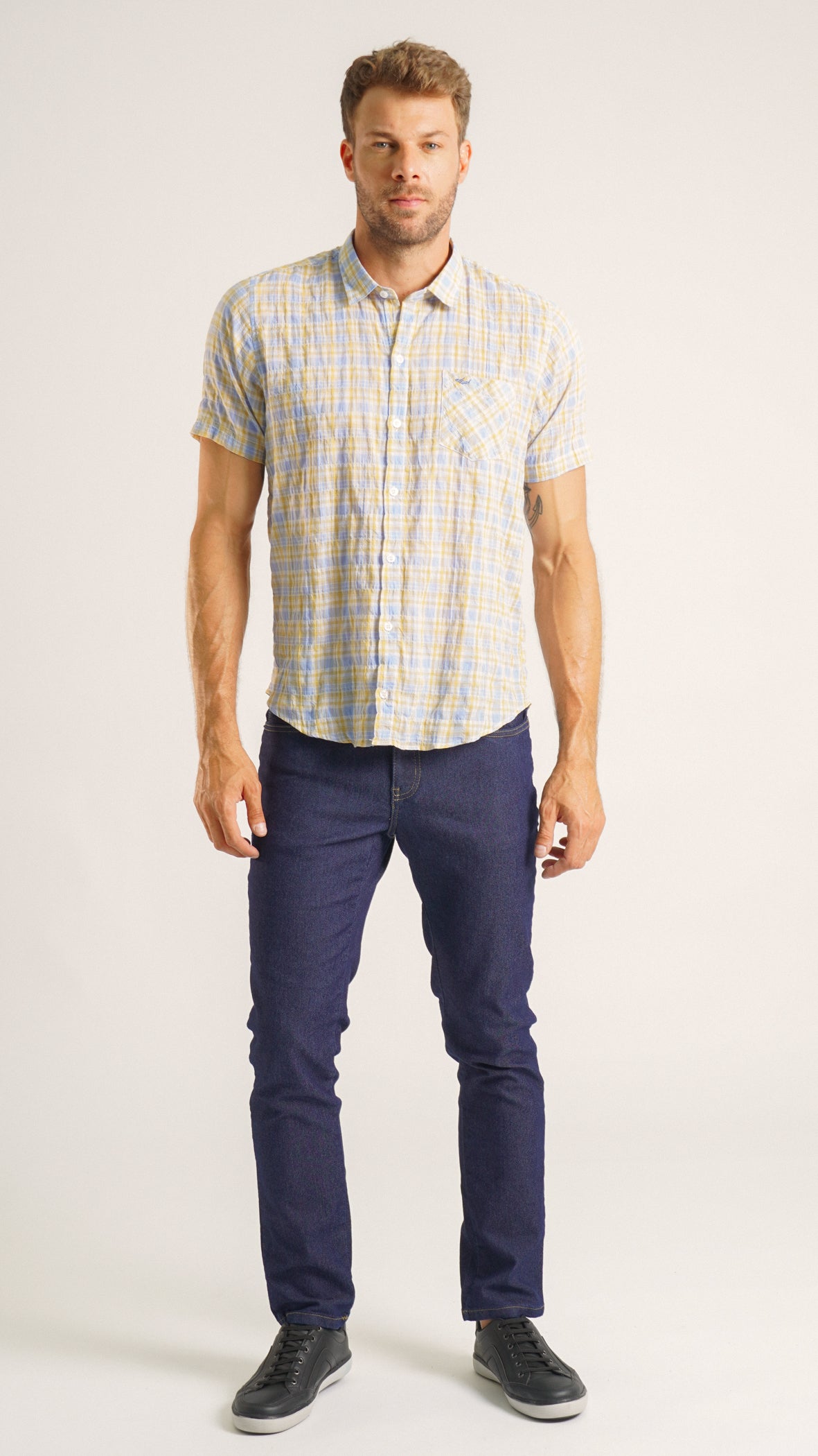 Camisa Xadrez Manga Curta - Amarelo