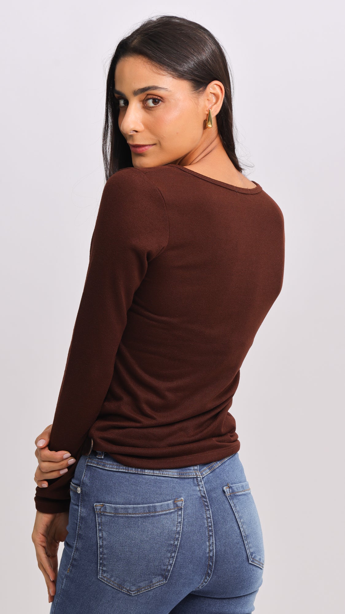 Blusa Tricô Manga Longa V - Marrom
