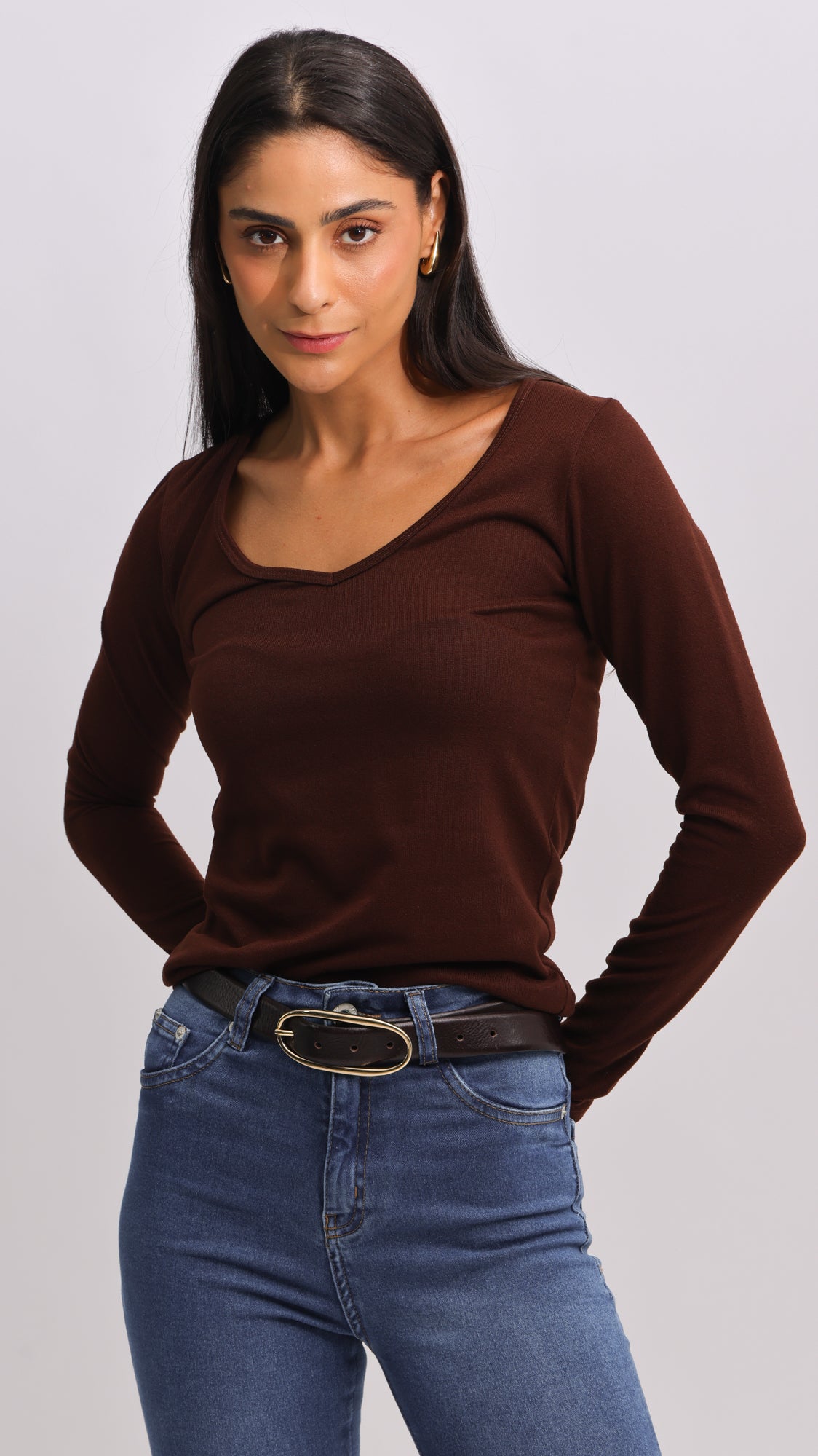 Blusa Tricô Manga Longa V - Marrom