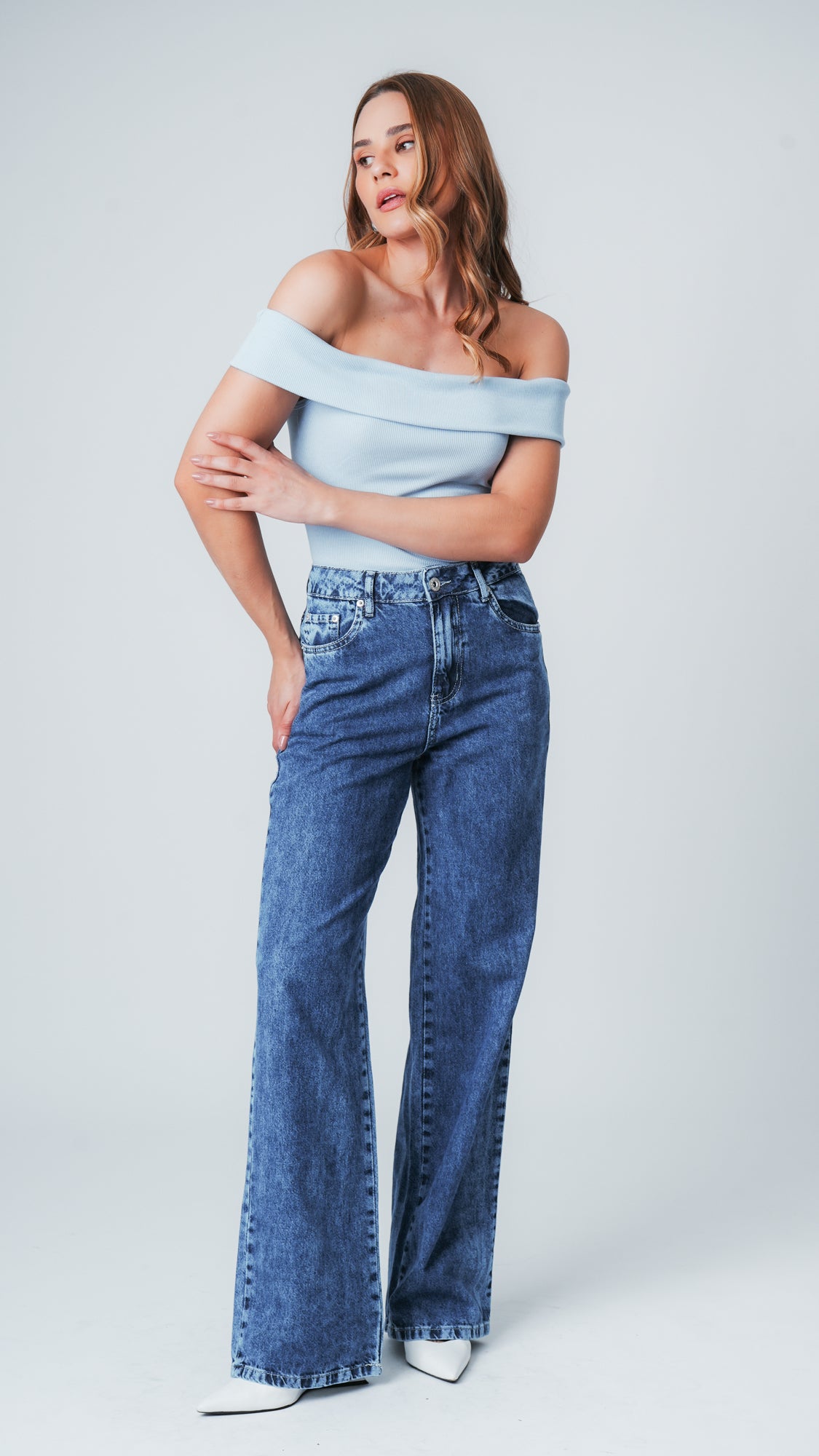 Blusa Ombro a Ombro Canelada - Azul