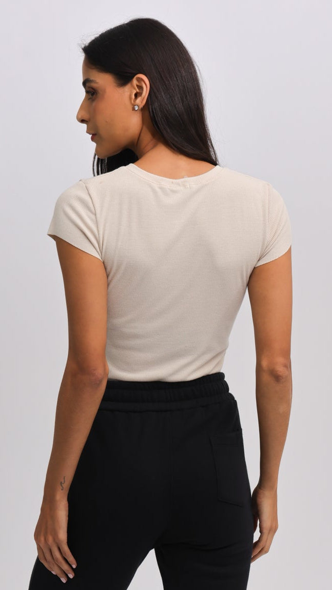 Blusa Manga Curta Canelada - Bege
