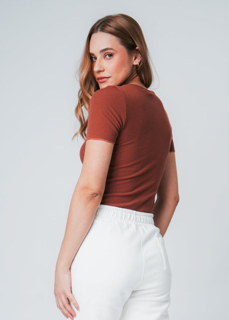 Blusa Manga Curta Canelada - Telha