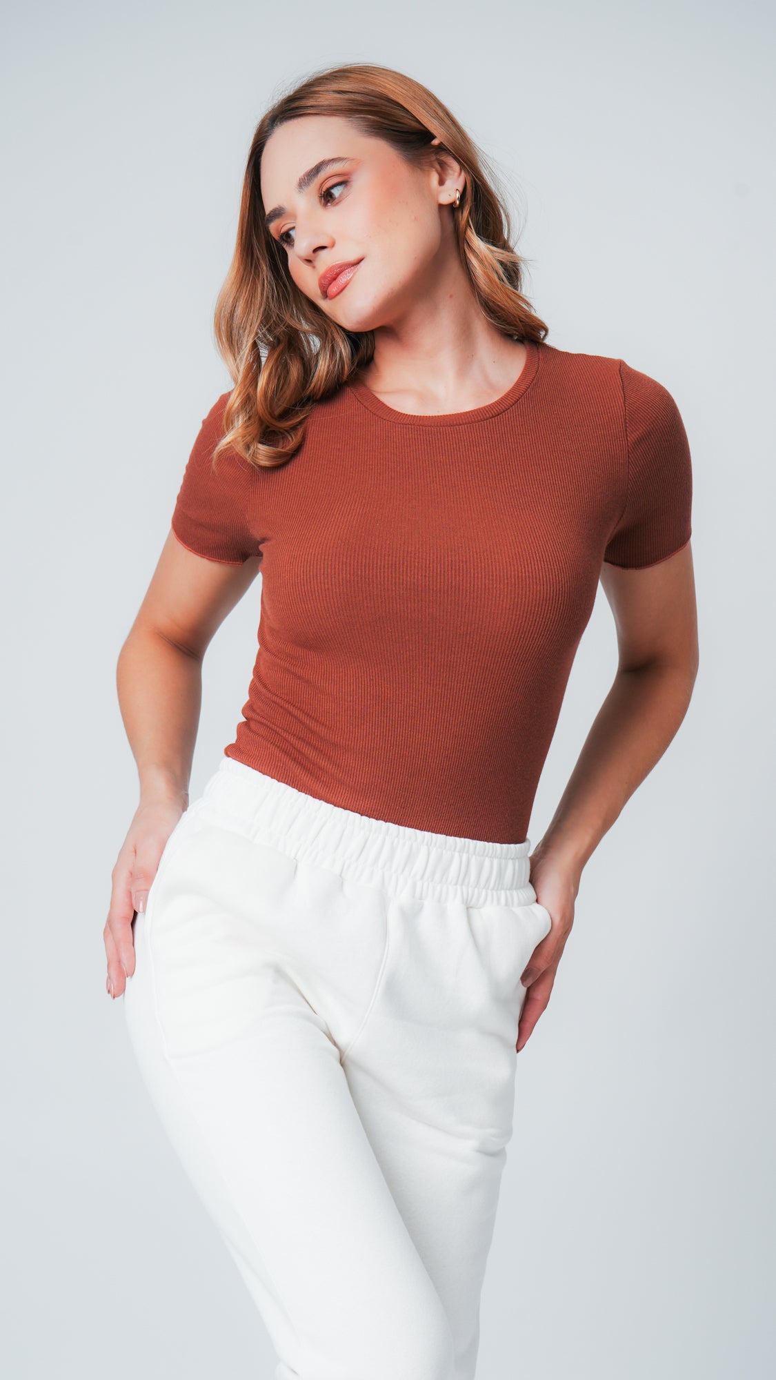 Blusa Manga Curta Canelada - Telha