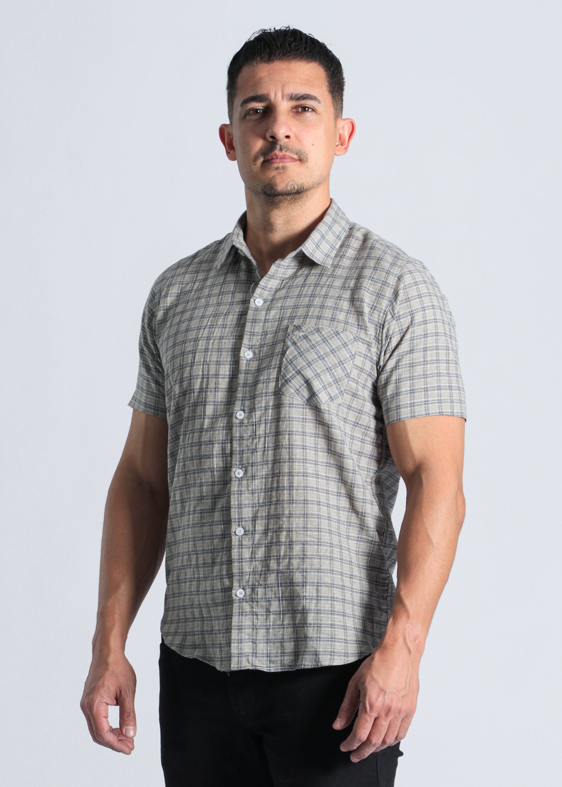 Camisa Xadrez Manga Curta - Bege