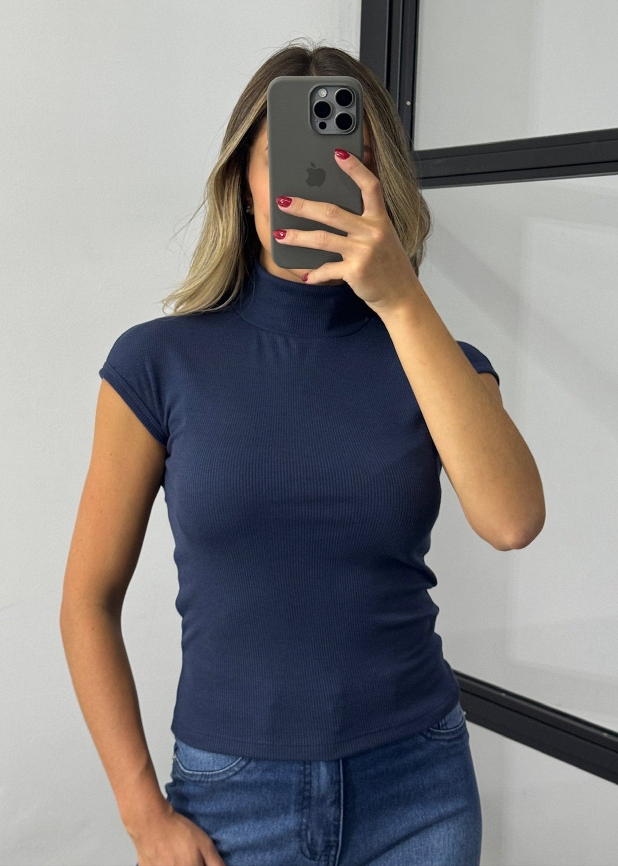 Blusa Manga Curta Canelada - Azul Marinho