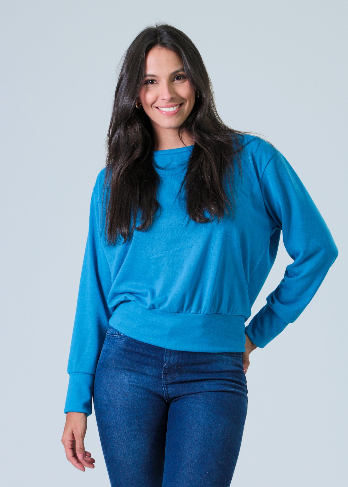 Blusa Tricô Manga Longa - Azul