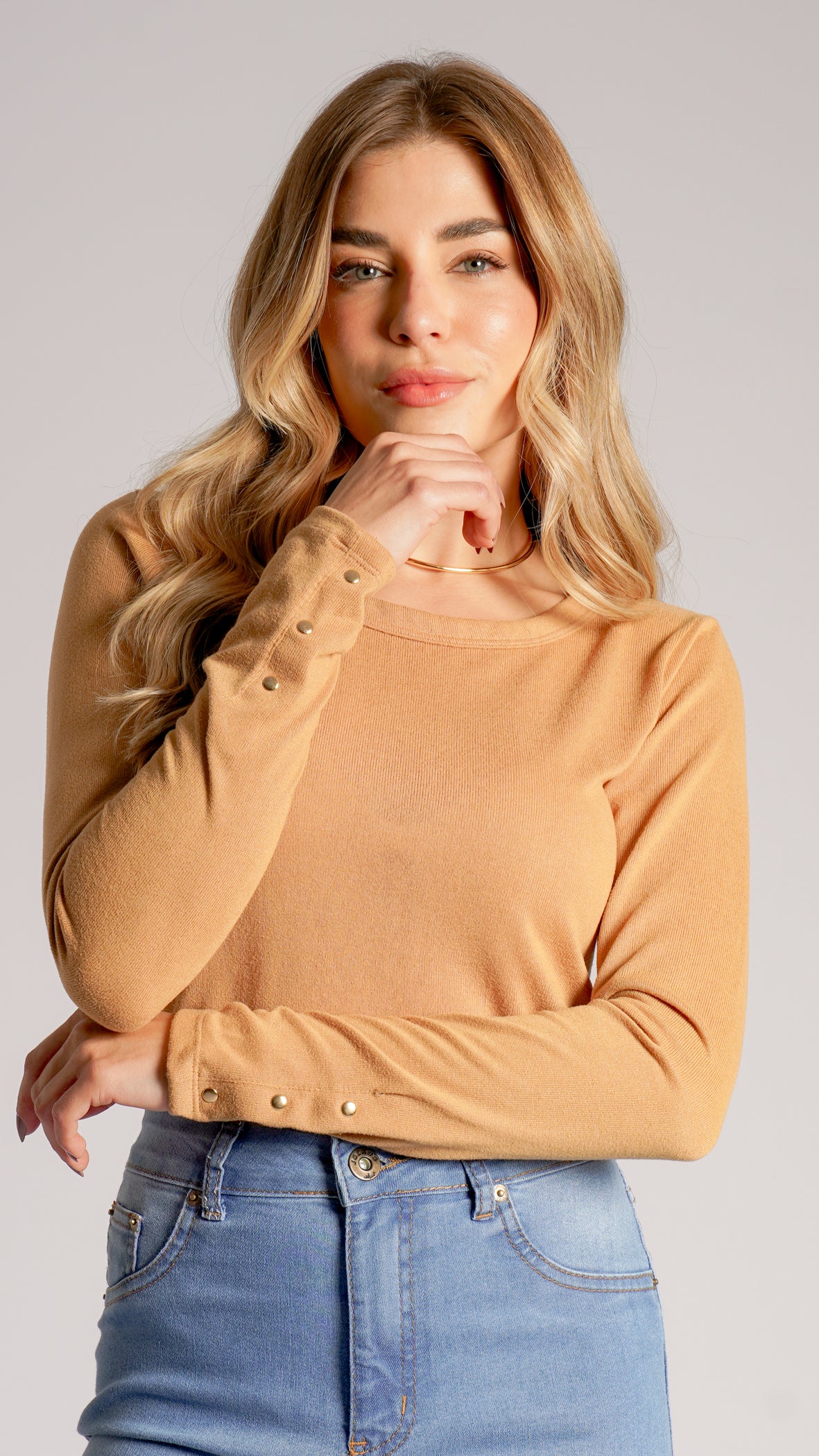 Blusa Tricô Manga Longa Taxas - Ocre
