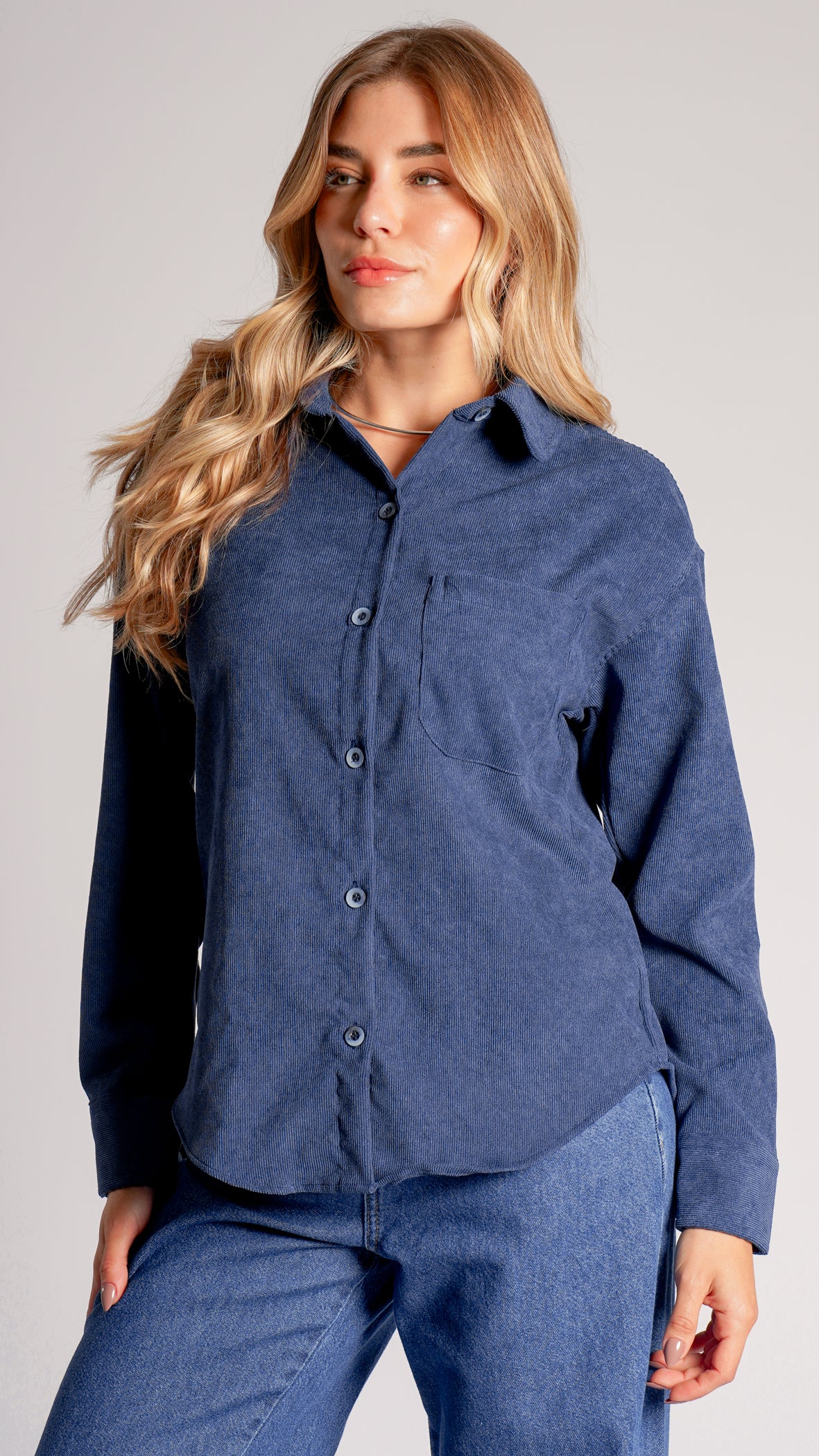 Camisa Cotelê Manga Longa - Azul