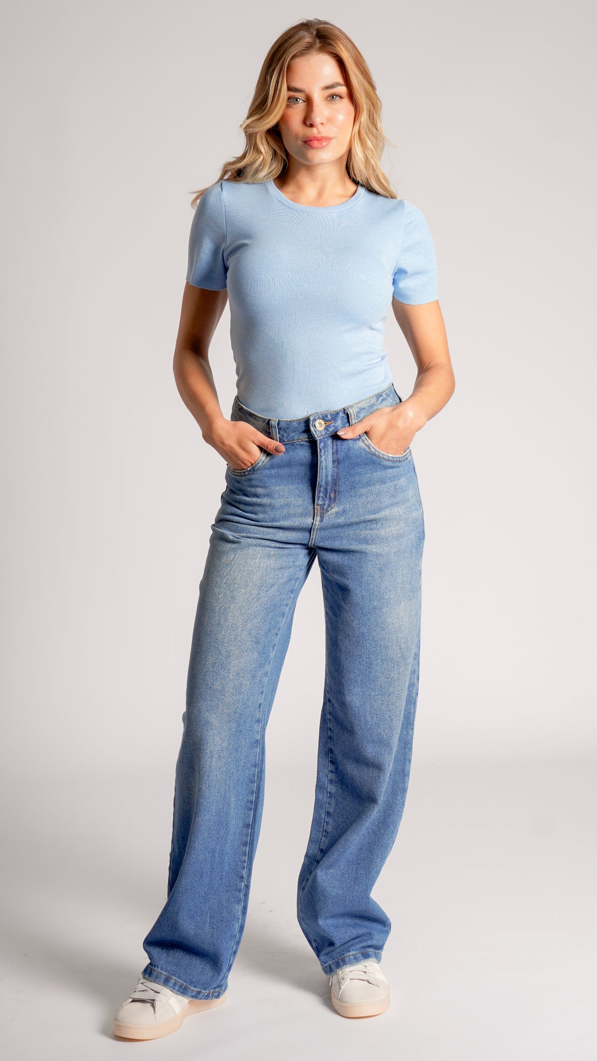 Blusa Manga Curta Canelada - Azul Bebê