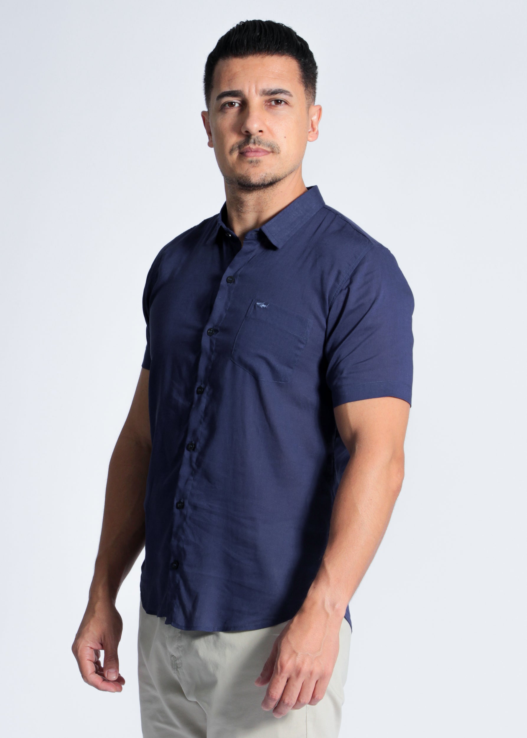 Camisa Manga Curta Linho - Azul