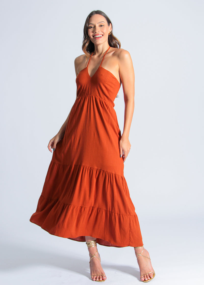 Vestido Longo Frente Única - Telha