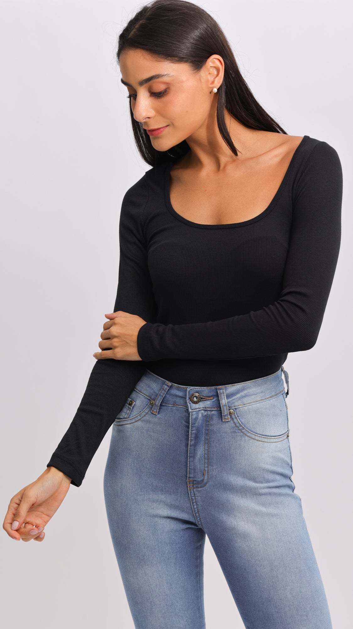 Blusa Canelada Manga Longa - Preta