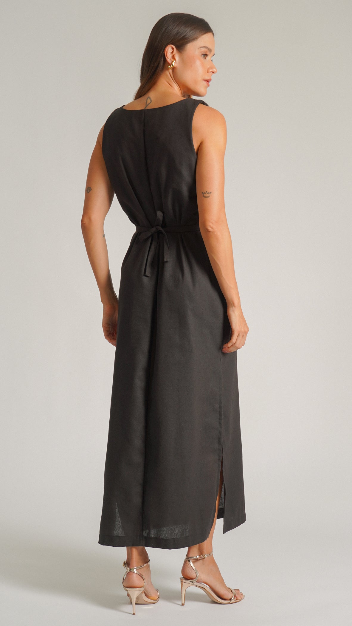 Vestido Linho Fenda - Preto