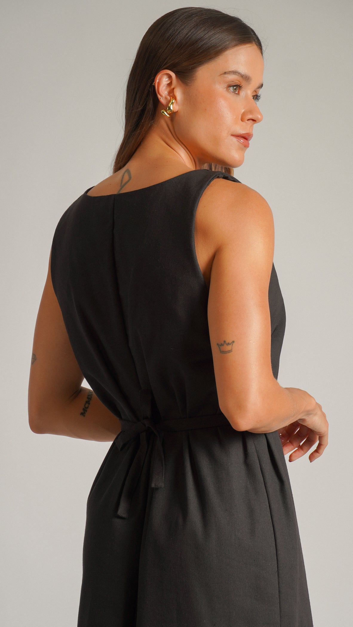 Vestido Linho Fenda - Preto
