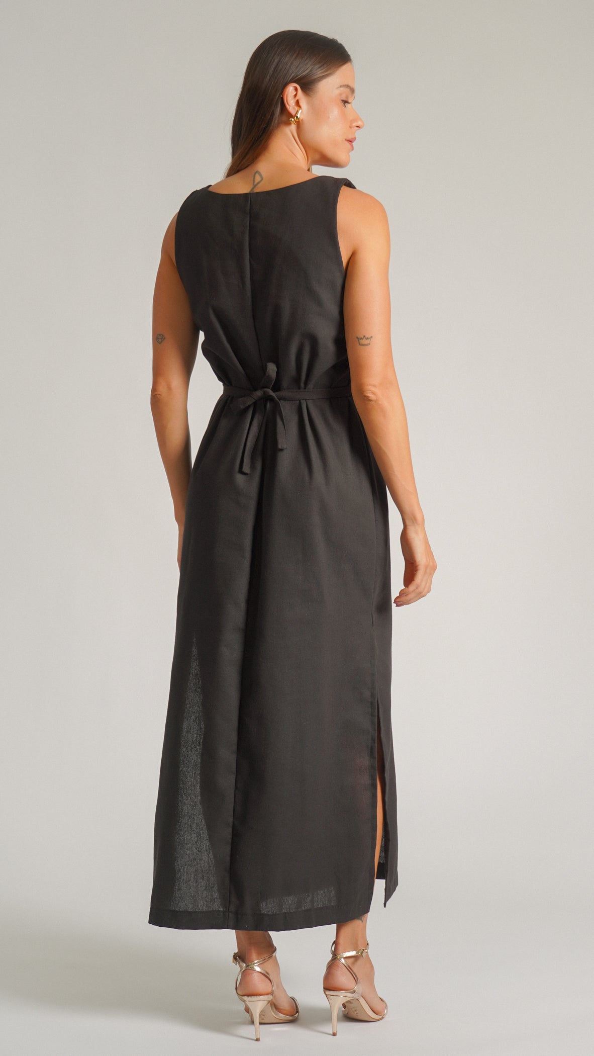 Vestido Linho Fenda - Preto