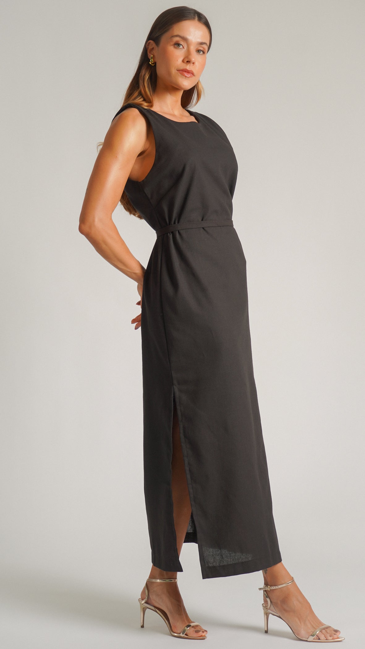 Vestido Linho Fenda - Preto