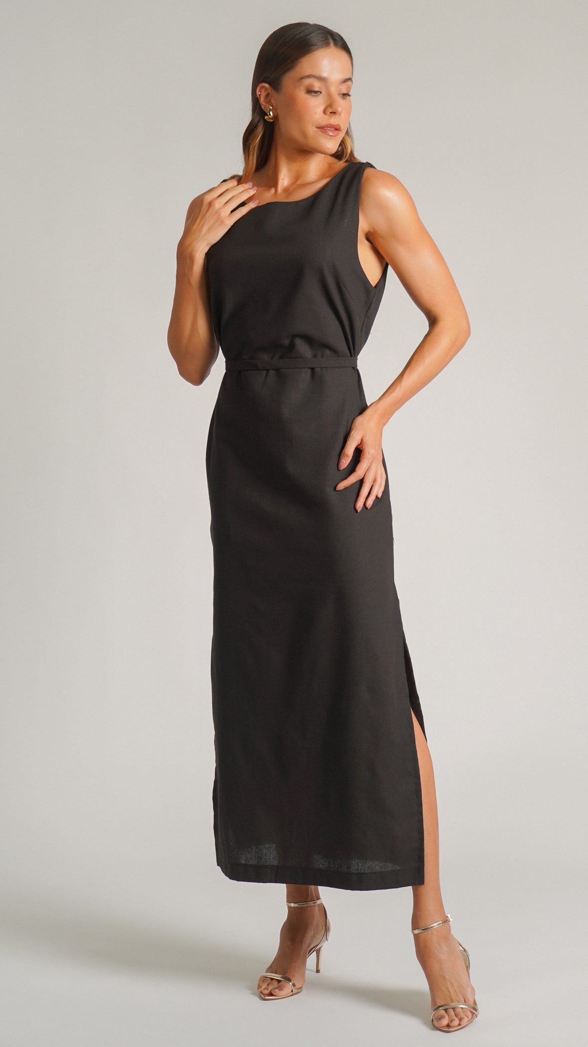 Vestido Linho Fenda - Preto