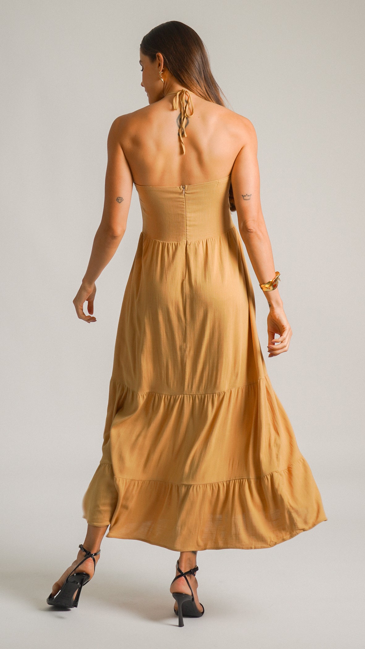 Vestido Longo Decote V - Ocre