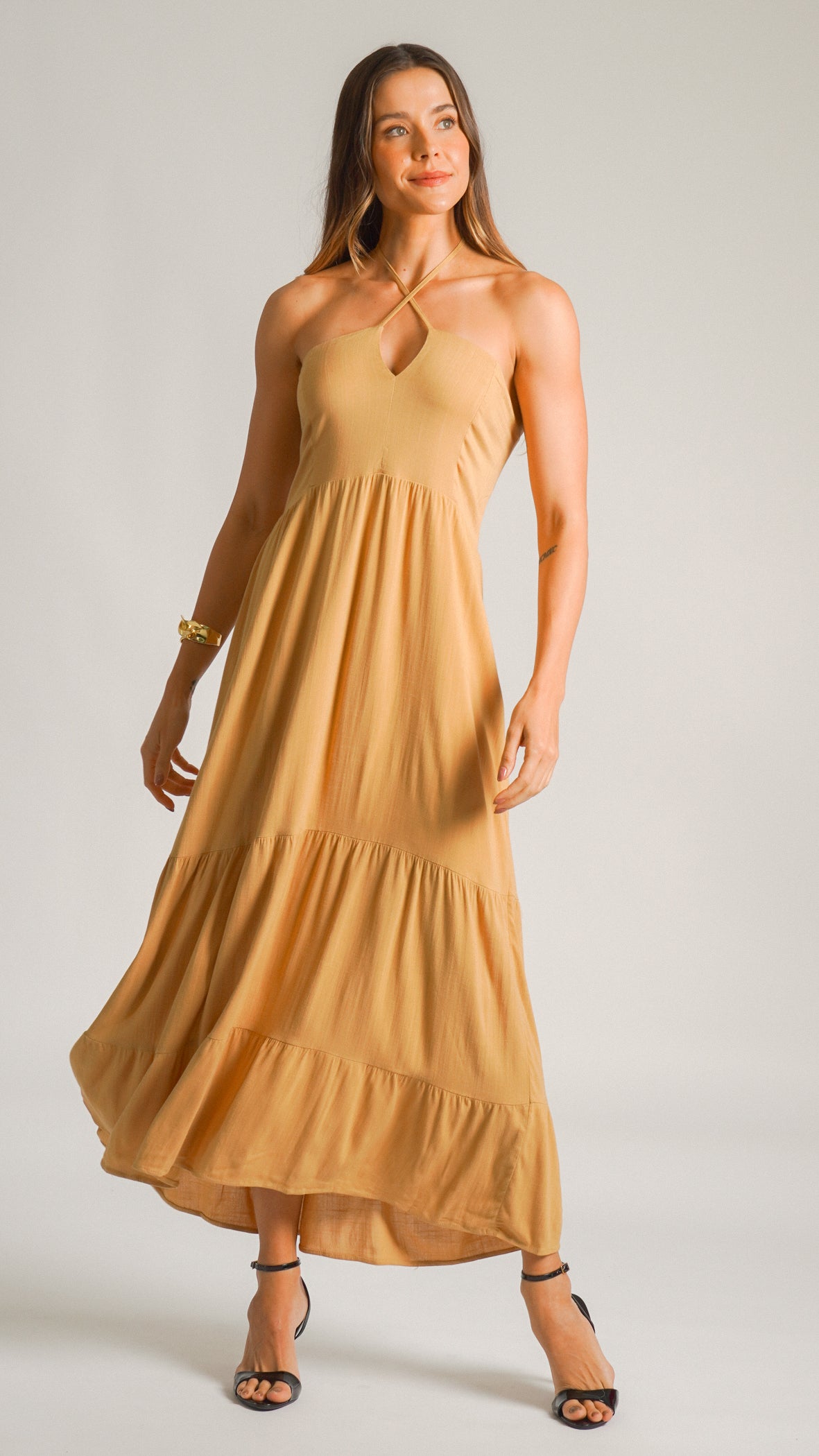 Vestido Longo Decote V - Ocre