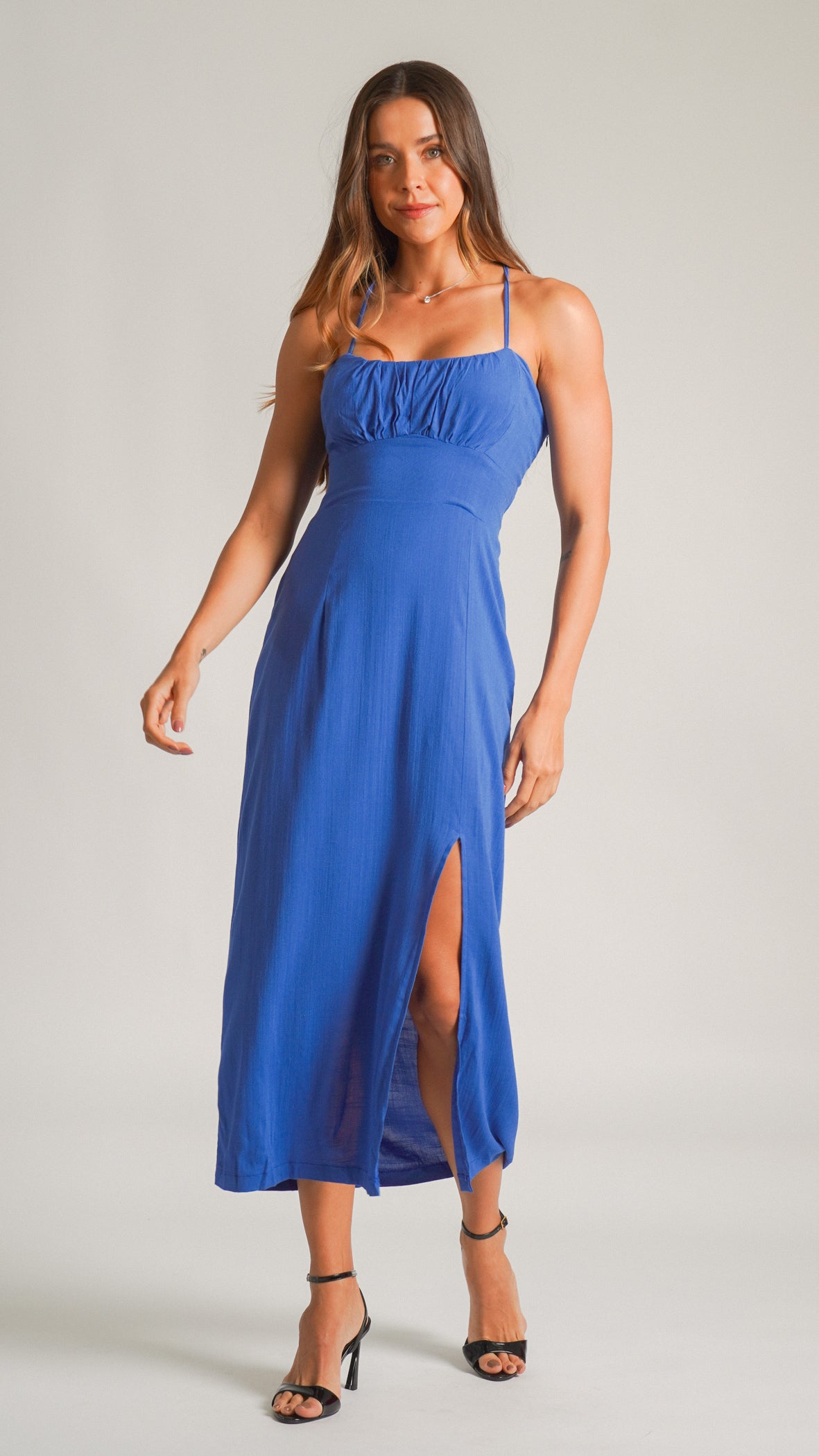 Vestido Midi Fenda - Azul
