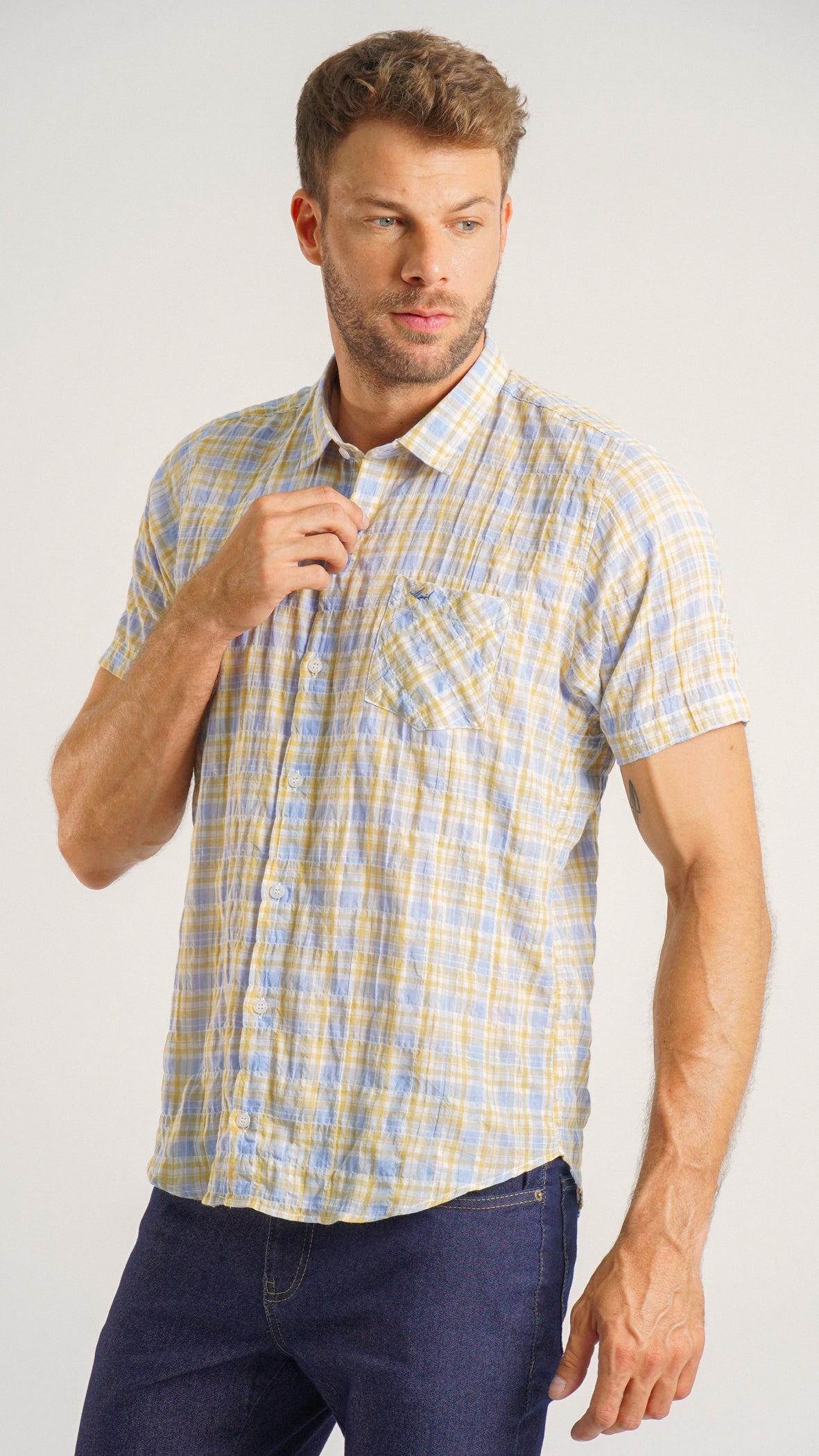 Camisa Xadrez Manga Curta - Amarelo