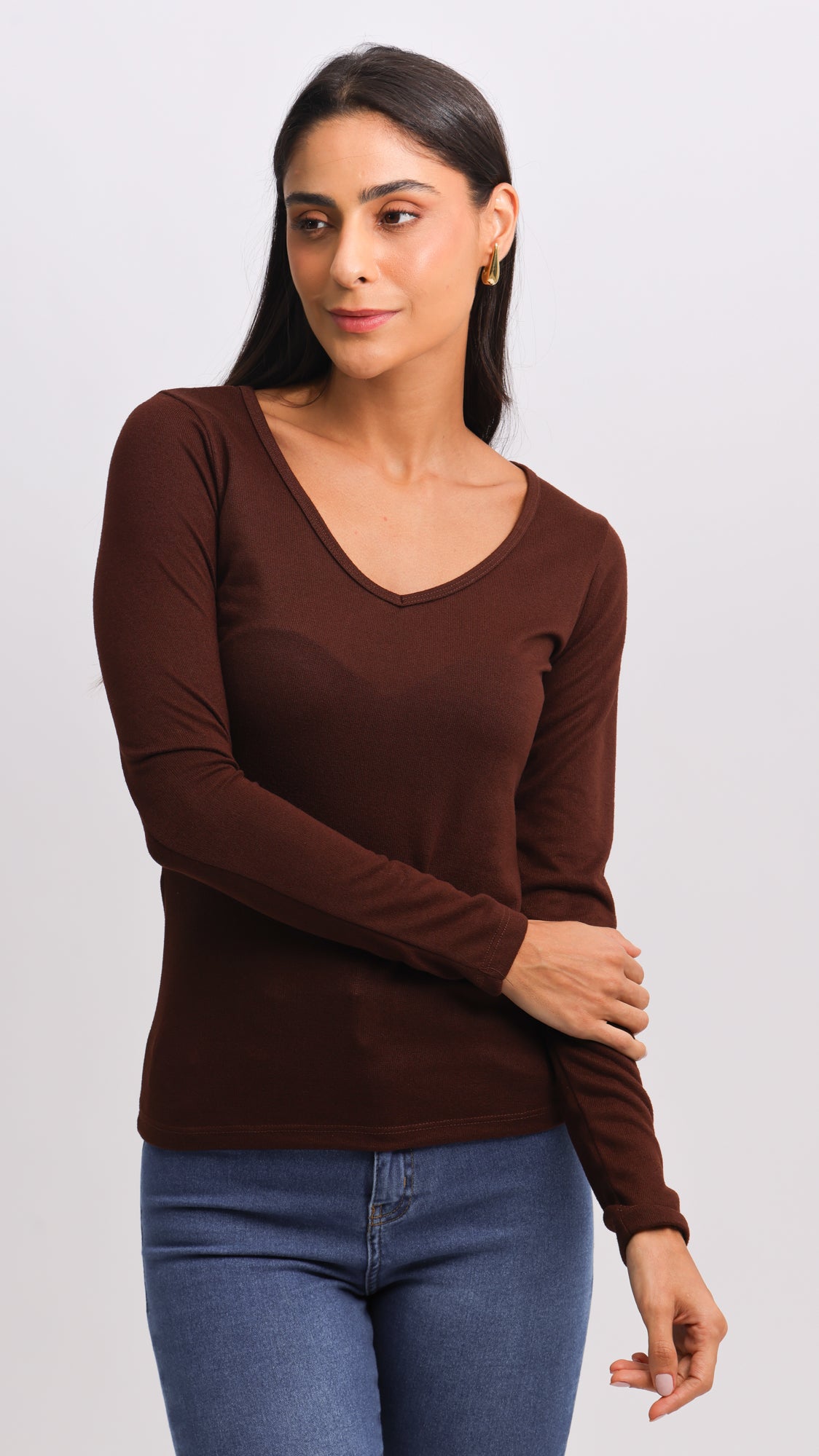 Blusa Tricô Manga Longa V - Marrom
