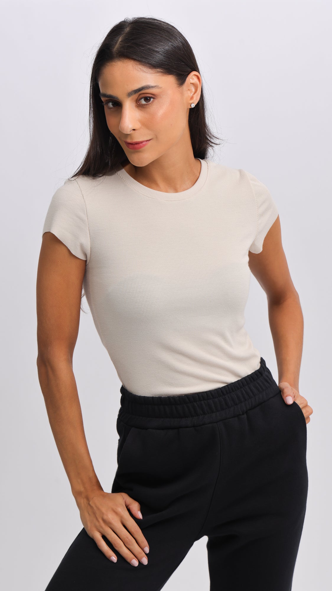 Blusa Manga Curta Canelada - Bege